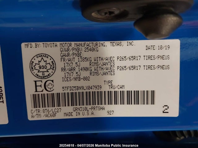 5TFDZ5BN9LX047939 Toyota Tacoma Double Cab V6