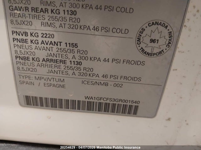 20254629 :رقم المزاد ، WA1GFCFS3GR001540 vin ، 2016 Audi Q3 مزاد بيع