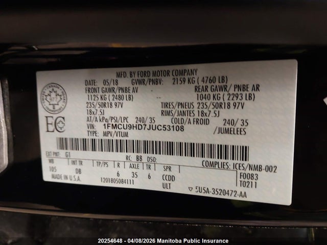 1FMCU9HD7JUC53108 Ford ESCAPE SEL