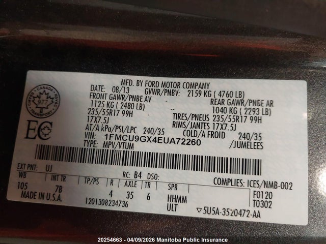 Продажа на аукционе авто 2014 Ford Escape Se, vin: 1FMCU9GX4EUA72260, номер лота: 20254663