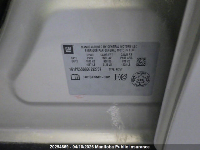 Aukcja sprzedaży 2013 Chevrolet Cruze Lt Turbo, vin: 1G1PC5SB0D7292787, numer aukcji: 20254669