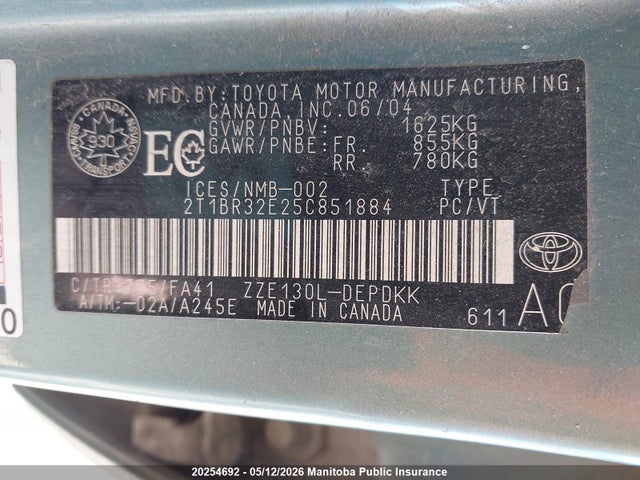20254692 :رقم المزاد ، 2T1BR32E25C851884 vin ، 2005 Toyota Corolla مزاد بيع