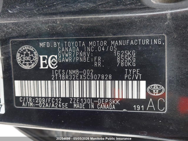 20254699 :رقم المزاد ، 2T1BR32EX5C907828 vin ، 2005 Toyota Corolla S مزاد بيع