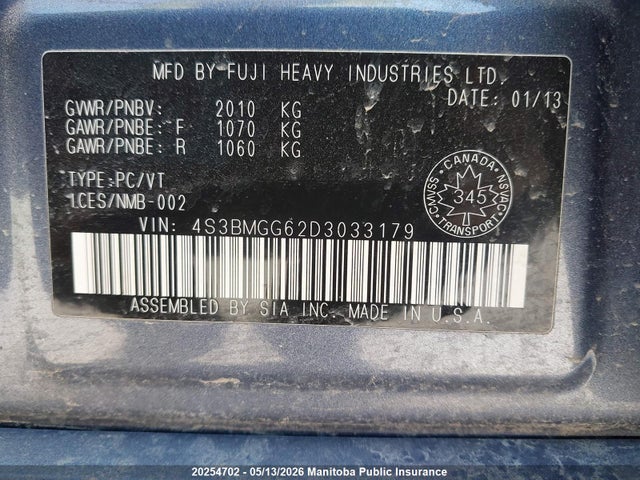 20254702 :رقم المزاد ، 4S3BMGG62D3033179 vin ، 2013 Subaru Legacy 2.5i مزاد بيع