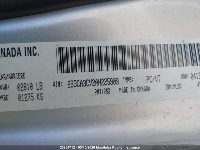 20254712 :رقم المزاد ، 2B3CA3CV2AH225909 vin ، 2010 Dodge Charger مزاد بيع