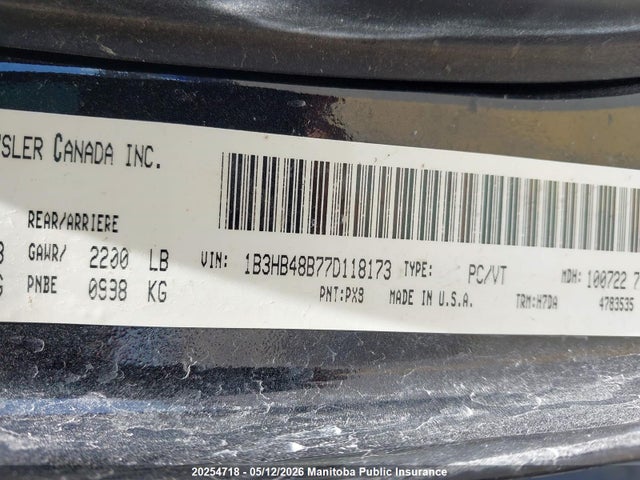 20254718 :رقم المزاد ، 1B3HB48B77D118173 vin ، 2007 Dodge Caliber Sxt مزاد بيع