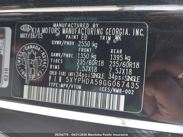 20254776 :رقم المزاد ، 5XYPHDA59GG067435 vin ، 2016 Kia Sorento Ex V6 مزاد بيع