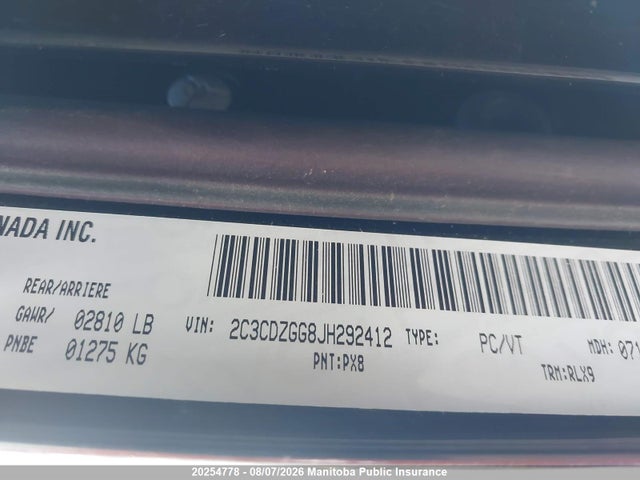 20254778 :رقم المزاد ، 2C3CDZGG8JH292412 vin ، 2018 Dodge Challenger Gt مزاد بيع