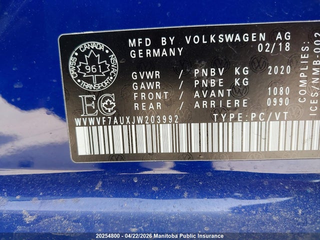 WVWVF7AUXJW203992 Volkswagen Golf R 4motion