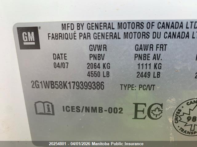 2007 Chevrolet Impala Ls V6 მანქანა იყიდება აუქციონზე, vin: 2G1WB58K179399386, აუქციონის ნომერი: 20254801