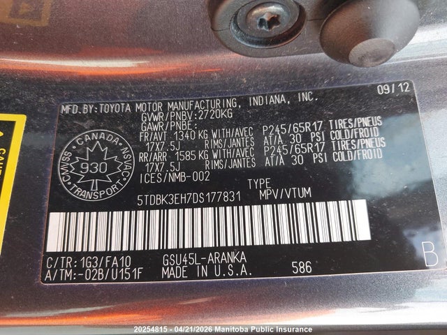 2013 Toyota Highlander V6 მანქანა იყიდება აუქციონზე, vin: 5TDBK3EH7DS177831, აუქციონის ნომერი: 20254815