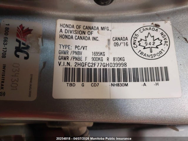 Продаж на аукціоні авто 2016 Honda Civic Ex, vin: 2HGFC2F77GH039998, номер лоту: 20254818