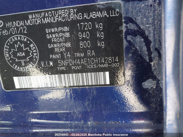 20254843 :رقم المزاد ، 5NPDH4AE1CH142814 vin ، 2012 Hyundai Elantra Gls مزاد بيع