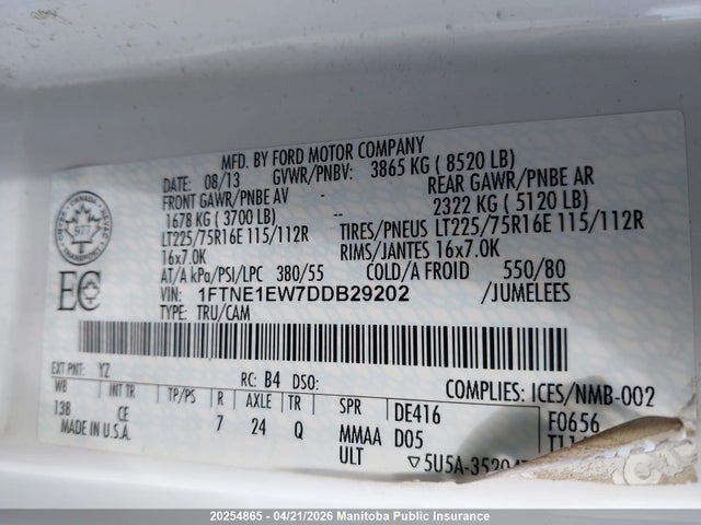 2013 Ford E150 Econoline Cargo Van მანქანა იყიდება აუქციონზე, vin: 1FTNE1EW7DDB29202, აუქციონის ნომერი: 20254865