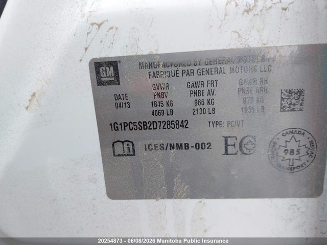 20254873 :رقم المزاد ، 1G1PC5SB2D7285842 vin ، 2013 Chevrolet Cruze Lt Turbo مزاد بيع