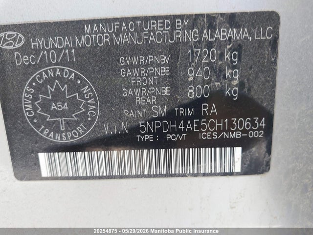 20254875 :رقم المزاد ، 5NPDH4AE5CH130634 vin ، 2012 Hyundai Elantra Gl مزاد بيع