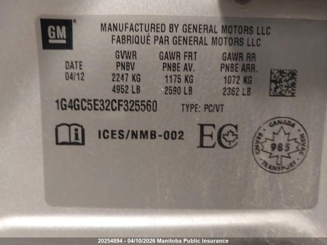 2012 Buick Lacrosse Cxl V6 მანქანა იყიდება აუქციონზე, vin: 1G4GC5E32CF325560, აუქციონის ნომერი: 20254894