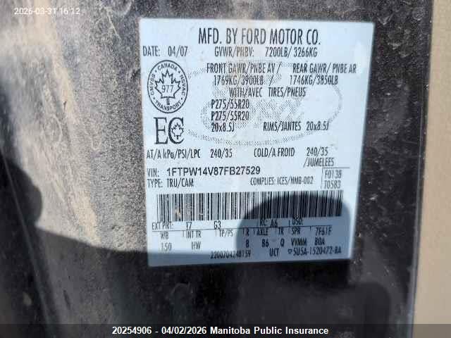 Продажа на аукционе авто 2007 Ford F150 Fx4 Supercrew, vin: 1FTPW14V87FB27529, номер лота: 20254906