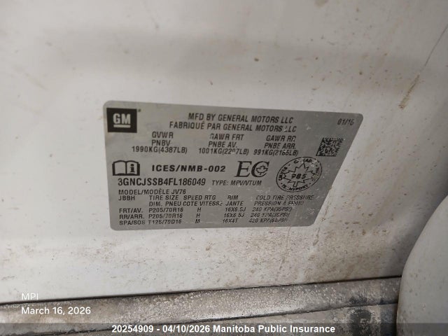20254909 :رقم المزاد ، 3GNCJSSB4FL186049 vin ، 2015 Chevrolet Trax Lt مزاد بيع