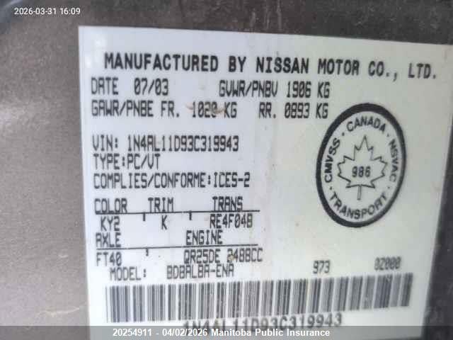 Aukcja sprzedaży 2003 Nissan Altima 2.5 S, vin: 1N4AL11D93C319943, numer aukcji: 20254911