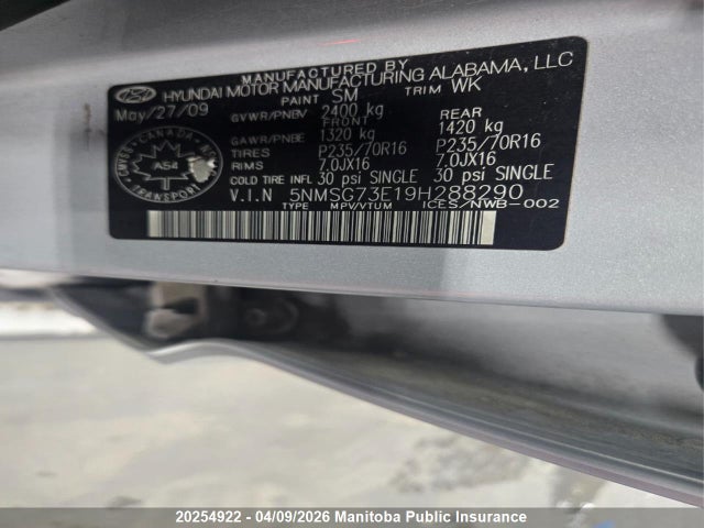 Продаж на аукціоні авто 2009 Hyundai Santa Fe Gl, vin: 5NMSG73E19H288290, номер лоту: 20254922