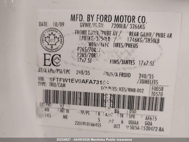 2010 Ford F150 Fx4 Supercrew მანქანა იყიდება აუქციონზე, vin: 1FTFW1EV0AFA73189, აუქციონის ნომერი: 20254927