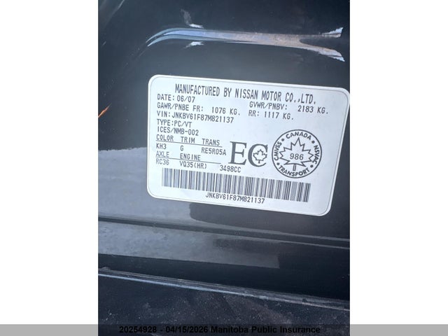20254928 :رقم المزاد ، JNKBV61F87M821137 vin ، 2007 Infiniti G35x Luxury مزاد بيع
