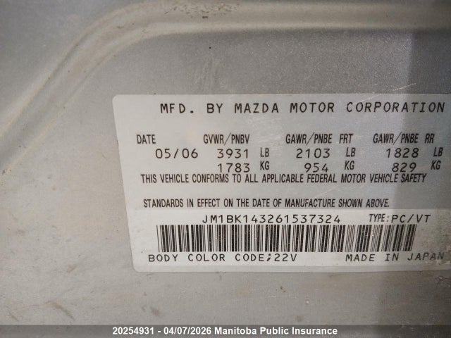 Aukcja sprzedaży 2006 Mazda 3 Mazda Sport Gt, vin: JM1BK143261537324, numer aukcji: 20254931