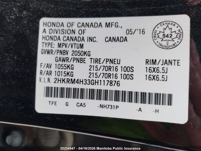 Aukcja sprzedaży 2016 Honda Cr-v Lx, vin: 2HKRM4H33GH117876, numer aukcji: 20254947