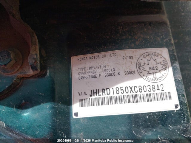 20254966 :رقم المزاد ، JHLRD1850XC803842 vin ، 1999 Honda Cr-v مزاد بيع