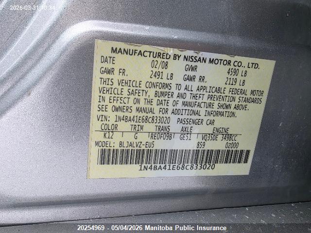 20254969 :رقم المزاد ، 1N4BA41E68C833020 vin ، 2008 Nissan Maxima 3.5 Se مزاد بيع