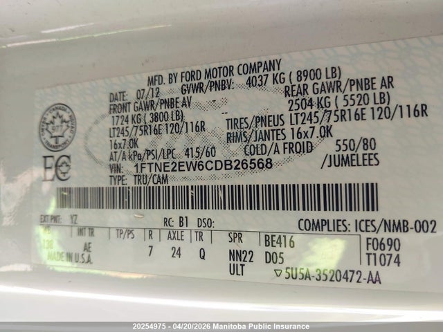 2012 Ford E250 Econoline Cargo მანქანა იყიდება აუქციონზე, vin: 1FTNE2EW6CDB26568, აუქციონის ნომერი: 20254975