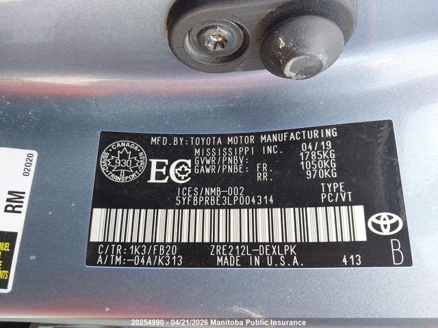 20254990 :رقم المزاد ، 5YFBPRBE3LP004314 vin ، 2020 Toyota Corolla Le مزاد بيع