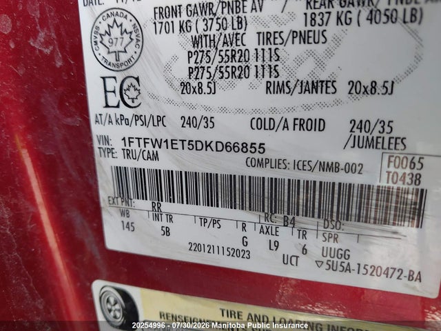 20254996 :رقم المزاد ، 1FTFW1ET5DKD66855 vin ، 2013 Ford F150 Fx4 Supercrew مزاد بيع