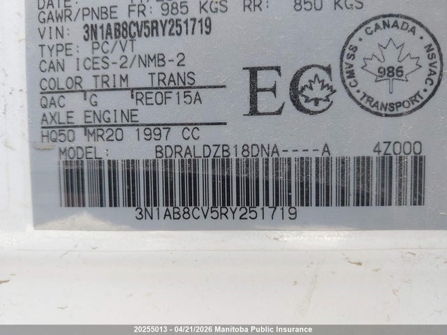 Продаж на аукціоні авто 2024 Nissan Sentra 2.0 Sv, vin: 3N1AB8CV5RY251719, номер лоту: 20255013