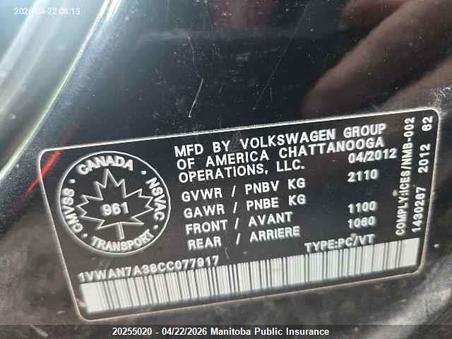 20255020 :رقم المزاد ، 1VWAN7A38CC077917 vin ، 2012 Volkswagen Passat 2.0 Tdi مزاد بيع
