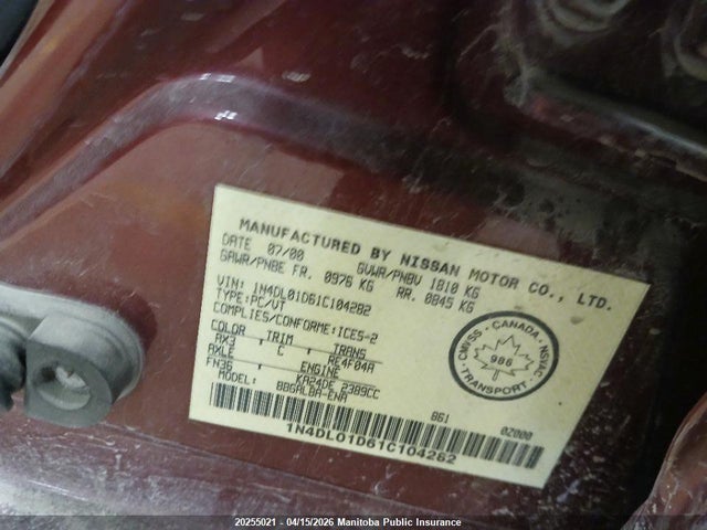 Aukcja sprzedaży 2001 Nissan Altima Gxe, vin: 1N4DL01D61C104282, numer aukcji: 20255021