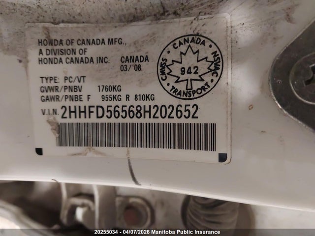 20255034 :رقم المزاد ، 2HHFD56568H202652 vin ، 2008 Acura Csx مزاد بيع