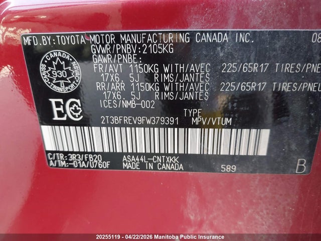 20255119 :رقم المزاد ، 2T3BFREV9FW379391 vin ، 2015 Toyota Rav4 Le مزاد بيع
