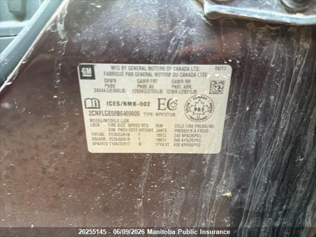 2011 Chevrolet Equinox Ltz V6 მანქანა იყიდება აუქციონზე, vin: 2CNFLGE58B6469809, აუქციონის ნომერი: 20255145