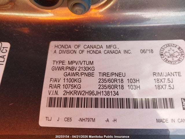 Aukcja sprzedaży 2018 Honda Cr-v Touring, vin: 2HKRW2H96JH138134, numer aukcji: 20255154