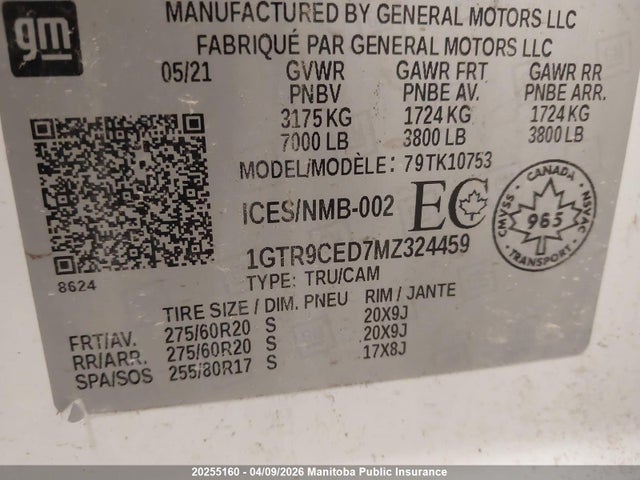 Aukcja sprzedaży 2021 Gmc Sierra 1500 Elevation Dc, vin: 1GTR9CED7MZ324459, numer aukcji: 20255160