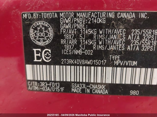 2010 Toyota Rav4 Sport V6 მანქანა იყიდება აუქციონზე, vin: 2T3RK4DV8AW015017, აუქციონის ნომერი: 20255165