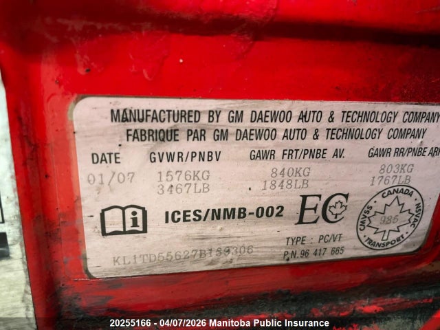 20255166 :رقم المزاد ، KL1TD55627B139306 vin ، 2007 Chevrolet Aveo مزاد بيع