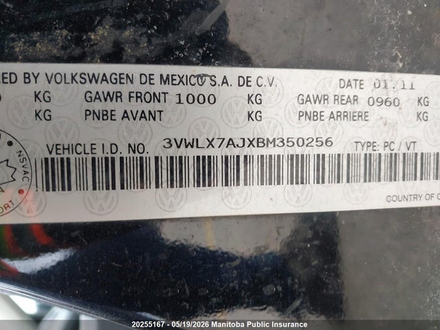 Aukcja sprzedaży 2011 Volkswagen Jetta 2.5, vin: 3VWLX7AJXBM350256, numer aukcji: 20255167