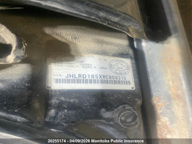 Продаж на аукціоні авто 1998 Honda Cr-v Lx, vin: JHLRD185XWC809310, номер лоту: 20255174