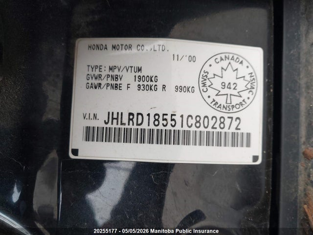 Продаж на аукціоні авто 2001 Honda Cr-v Ex, vin: JHLRD18551C802872, номер лоту: 20255177