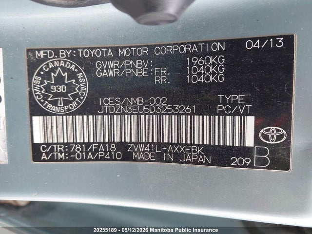 20255189 :رقم المزاد ، JTDZN3EU5D3253261 vin ، 2013 Toyota Prius V مزاد بيع