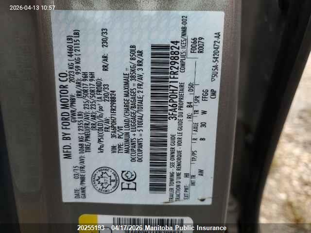 20255193 :رقم المزاد ، 3FA6P0H71FR298824 vin ، 2015 Ford Fusion Se مزاد بيع