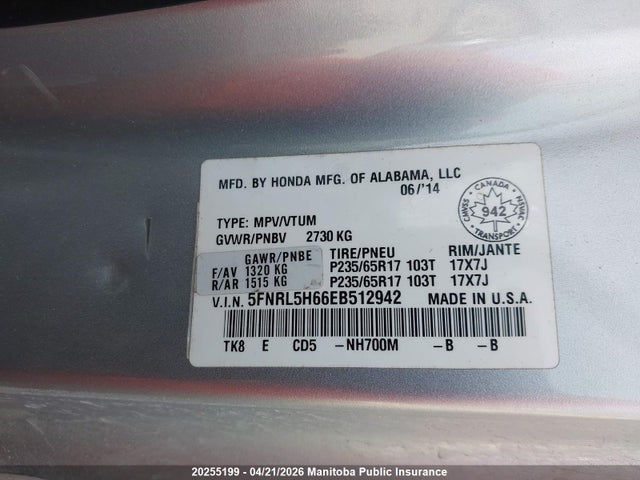 Aukcja sprzedaży 2014 Honda Odyssey Ex-l, vin: 5FNRL5H66EB512942, numer aukcji: 20255199